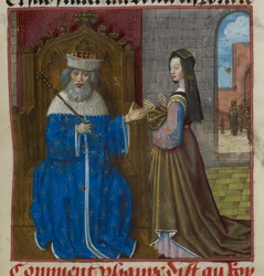 Detail einer Miniatur von Phanie, die ihrem Vater die Prophezeiung erzählt, aus 