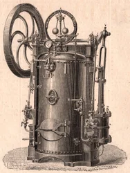 Detaillierte technische Ansicht einer kleinen Dampfmaschine, produziert in Paris im Jahr 1866: Kessel, Zylinder, Kolben, Pleuelstange und Schwungrad