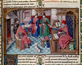 Dialog zwischen Tulle, Atticus, Scipio dem Afrikaner und Lelius, römischer Konsul. Miniatur aus „Über das Alter“ von Cicero