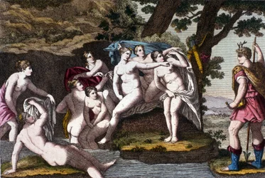 Diana wird beim Baden vom Jäger Acteon überrascht. Gravur aus „Dizionario mitologico“ 19. Jahrhundert