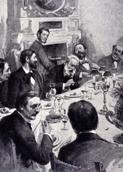Essen am Tisch von Victor Hugo mit Jean Mounet Sully (Mounet-Sully) (1841 - 1916), französischer Schauspieler. Gravur des 19. Jahrhunderts