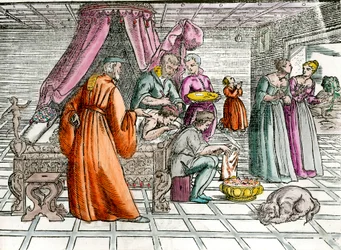 Arzt: „Eine Trepanation“. Ein Chirurg operiert am Schädel seines Patienten. Stich aus dem 16. Jahrhundert. Privatsammlung