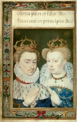 Doppelporträt von Heinrich IV., König von Frankreich (1553-1610) und Margarete von Valois (1553 - 1615), bekannt als Königin Margot. Miniatur aus dem Stundenbuch von Katharina von Medici (Caterina de Medici)