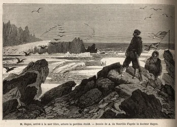 Dr. Hayes, erreicht das freie Meer des Arktischen Pols, das Ziel seiner Expedition, pflanzt die amerikanische Sternenbanner. Gravur zur Illustration der Reise zum freien Meer des Arktischen Pols, von Dr. Hayes, Chirurg der United States Navy, 1860-1862