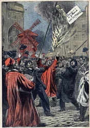 Dreyfus-Affäre - Paris - 1898: antisemitische Demonstration in Montmartre. Eine Effigie von Martin Dreyfus, Alfreds Bruder, wird auf dem Platz verbrannt, mit einem Schild um den Hals: „Dreyfus hat den Galgen. Es lebe Frankreich!“ Illustration in „Le Peleri