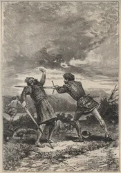 Duell und Tod von Oak Torquil - 19. Jahrhundert Illustration für den historischen Roman „Die schöne Maid von Perth oder Valentinstag“ von Walter Scott