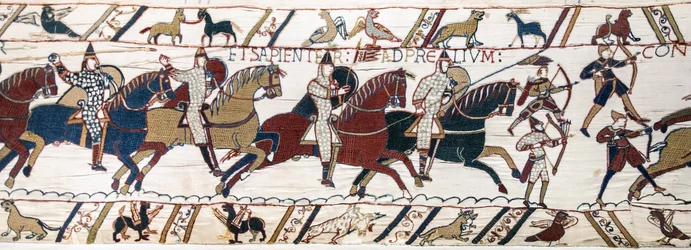 Herzog Wilhelm ermutigt seine Truppen, sich auf die Schlacht gegen die englische Armee vorzubereiten, Teppich von Bayeux