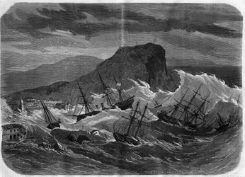 Erdbeben in Peru: Tsunami überflutet die Stadt Arica im September 1869 - Kupferstich in „Le Journal Illustré“