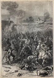 Das Massaker an den Puritanern - Illustration des 19. Jahrhunderts für den historischen Roman „Die Puritaner von Schottland“ (Old Mortality) von Walter Scott (1771-1832)