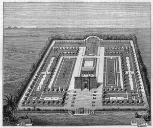 Ägyptischer Garten zur Zeit der Pharaonen. Gravur in „La Nature: revue des sciences et de leurs applications aux arts et a l