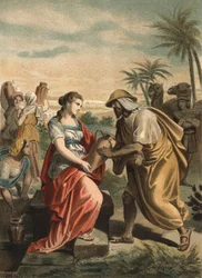 Eliezer, Abrahams Diener, hat gerade Rebekka gefunden, die zukünftige Frau von Isaak. Gravur von 1881 in „El Culto de la Hermosura“ von Juan Justo Huguet, Molinas Hermanos editores