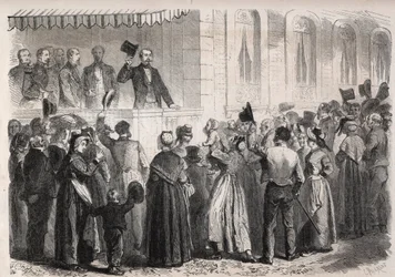 Kaiser Napoleon III. auf der Terrasse der Villa von Strauss in Vichy, begrüßt vom Volk am 7. Juli 1861 - Gravur in „The Illustrous World“