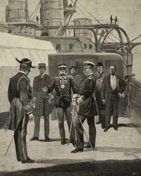 Kaiser Wilhelm II. von Deutschland (1859-1941) besucht das Schlachtschiff Sicilia, Venedig, Italien, Zeichnung von E X aus L