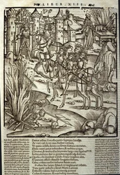 Eneide von Vergil (70 v. Chr.-19 v. Chr.), Buch XIII (Supplementum), die trojanischen Helden Aeneas empfangen die Latiner, Opfer werden zu Ehren der Kriegsopfer gebracht. Xylographie von Sebastian Brant (1458-1521). Straßburg