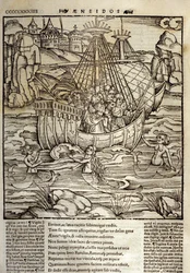 Eneide von Virgil (70 v. Chr.-19 v. Chr.), die trojanischen Helden Eneas und seine Gefährten überqueren ein Meer voller Sirenen. Holzschnitt von Sebastian Brant. Straßburg