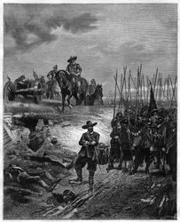 Englische Bürgerkriege: Oliver Cromwell (1599-1658) in der Schlacht von Marston Moor, 2. Juli 1644 - Parlamentarier besiegten die Royalisten unter Prinz Rupert. Stich des 19. Jahrhunderts - Oliver Cromwell in der Schlacht von Marston Moor am 2. Juli 1644