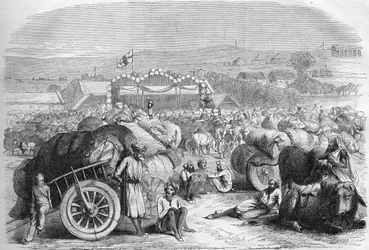 Englisch-Indien 1872: Der Baumwollmarkt von Khangaon