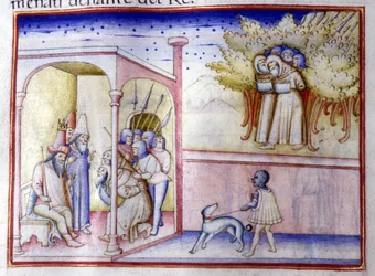 Episode aus dem Leben von Josaphat von Juda (868 v. Chr. - 847 v. Chr.). Manuskript aus dem 14. Jahrhundert. Mailand, Bibl, Braidense.
