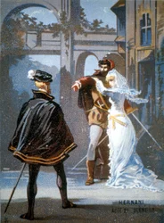 Ernani von Giuseppe Verdi, Akt II, Szene II. Chromolithographie aus dem 19. Jahrhundert