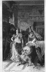 Esmeralda und Fleur de Lys (Fleur-de-Lys). Illustration von „Notre Dame de Paris“ von Victor Hugo (1802-1885). Gravur Ende 19. Jahrhundert