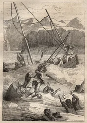 Expedition um die Welt (1785-1788) von Jean Francois Galaup de La Perouse (1741-1788): Schiffbruch der Boote im Hafen der Franzosen (Alaska) - Illustration aus „Die großen Seefahrer des 18. Jahrhunderts“