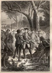 Expedition von Nicolas Thomas Marion-Dufresne (Marion Dufresne) (1729-1772): Marion landete in der Frederick Henry Bay (Tasmanien) und wurde von den Einheimischen mit einem brennenden Brand begrüßt - Illustration aus „Die großen Seefahrer des 18. Jahrhunde