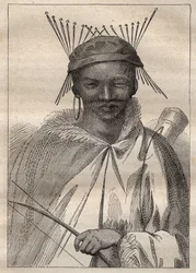 Expedition ins Landesinnere von Südafrika (1775) von Anders Sparrman (1748-1820): ein Boschiman (Bochiman oder San, Ureinwohner des südlichen Afrikas) - Illustration aus „The Great Mariners of the 18th century“