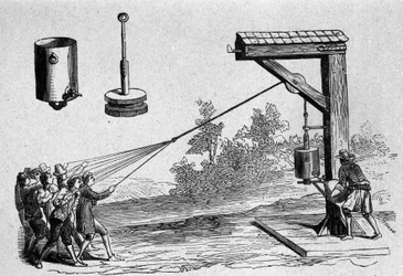 Experiment durchgeführt in Anwesenheit von Prinz Auerberg über das pneumatische Vakuum durch den deutschen Wissenschaftler Otto von Guericke zur Berechnung des atmosphärischen Drucks 1654. Tafel aus „Ottonis de Guericke: Experimenta Nova Magdeburgica de va