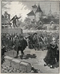 Erfahrung des mechanischen Prägens durch Nicolas Briot (Graveur du Royaume de France) (1579-1646) im Jahr 1616. Gravur von 1885 in „Les arts et metiers illustres“ von Adolphe BITARD