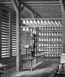 Ausdehnung von Papierbögen zur Formung in „Die Wunder der Industrie“ von Louis Figuier, Paris