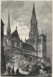 Außenansicht der Kathedrale Notre Dame in Konstanz, Deutschland. Gravur in „The Universe illustrious“
