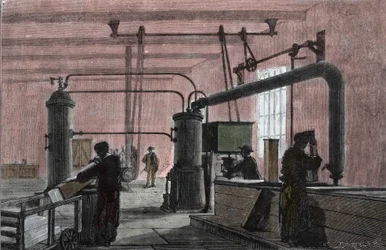 Fabrik zur Herstellung von Eis mit dem System von Ferdinand Carre (1824-1894). Gravur aus dem 19. Jahrhundert.