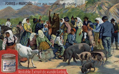 Messen und Märkte: Viehmarkt in Sizilien. Chromolithographie, Liebig-Bild.