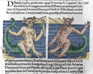 Fantastische Kreaturen: Ein Molch und eine Sirene im Nil gesehen. Gravur aus „Das Buch der Wunder“ (Prodigiorum ac ostentorum Chronicon Basileae) von Wolfhart (Conrad Lycosthenes) 1557