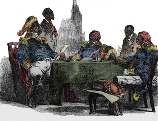Faustin Soulouque (1782-1867) genannt Faustin I., Kaiser von Haiti von 1847 bis 1859, dargestellt bei einem Treffen. Gravur aus „Emporio picturesco“ 1850