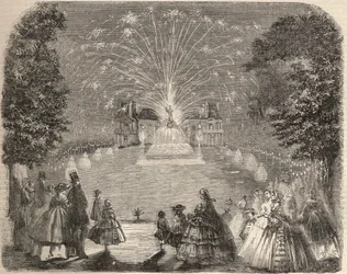 Feuerwerk und Beleuchtung des Schlosses Maison Laffitte am Abend des Wettbewerbs des Landwirtschaftsausschusses. Gravur in „Le Monde illustré“ von 1857. Private Sammlung.