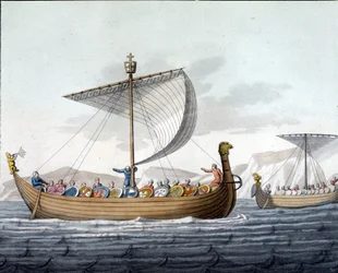Flotte von Wilhelm I. dem Eroberer (1027 - 1087) segelt nach England - in „Die alte und moderne Tracht“ von Ferrario, ed. Mailand