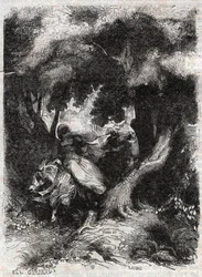 Flucht von Angelica während der Schlacht - Gravur von 1851 aus „Furioser Roland“ (Orlando furioso) (16. Jahrhundert) von Ludovico Ariosto, bekannt als der Ariosta - Ausgabe, übersetzt aus dem Italienischen von Graf von Tressan und veröffentlicht von Gustav