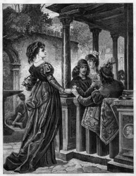 Blumenhändler in den Straßen von Florenz im Mittelalter. Gravur in „Das Illustrierte Universum“