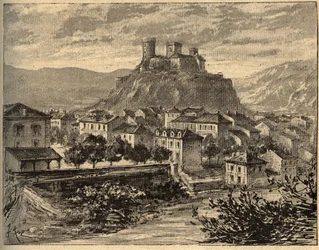 Foix - Ariège - Okzitanien - Gravur in „PATRIE“ - BESCHREIBUNG PICTURESQUE DE LA FRANCE EN 6 VOLUMES VON LUCIEN HUARD - Ende des 19. Jahrhunderts