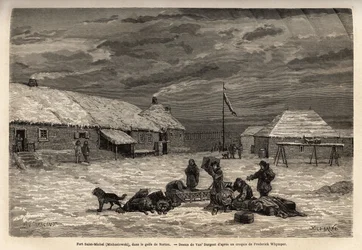 Fort Saint-Michel, englischer Besitz zu der Zeit, im Golf von Norton. Gravur zur Illustration der Reise und Abenteuer in Englisch-Kolumbien, Vancouver Island und Alaska, von Frederick Whymper