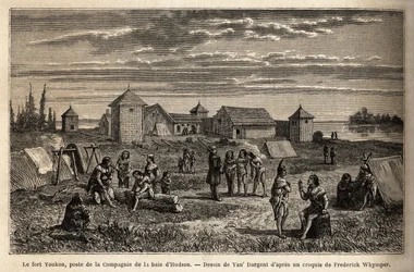 Fort Youkon im Golf von Norton, Alaska, gegründet 1847, ein Standort der Hudson Bay Company, Indianer lagern um die Palisaden. Illustration der Reise und Abenteuer in British Columbia, Vancouver Island und Alaska, von Frederick