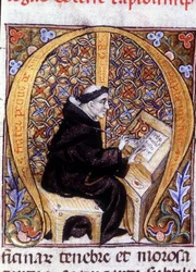 Fra Pietro di Pavia, ein Kopist bei der Arbeit. Manuskript aus dem 14. Jahrhundert