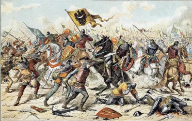 Französisch-Englischer Krieg (1202-1214): Die Schlacht von Bouvines am 27.07.1214 zwischen der französischen Armee von Philippe Auguste und den Flamen und Welfen von Othon IV. Der französische Sieg war entscheidend für den Ausgang des Krieges. 19. Jahrhund