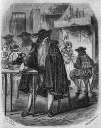 Francois Ravaillac (1578-1610), Mörder von König Heinrich IV., flieht in einem Gasthaus mit dem Messer, mit dem er Heinrich IV. treffen muss - Gravur des 19. Jahrhunderts