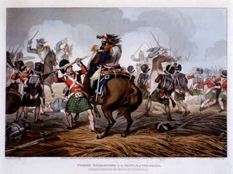 Französische Kürassiere bei Waterloo - in „Historische, militärische und marine Anekdoten und Vorfälle, die den Waffen Großbritanniens und ihrer Verbündeten widerfahren sind, endend in Waterloo“ - von Edward Orme, ill. von Fry, London