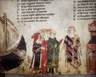 Französischer Kaufmann in Venedig. Miniatur aus dem „Roman de Troy“ von Benoit de Saint Maure. 14. Jahrhundert Biblioteca Marciana, Venedig