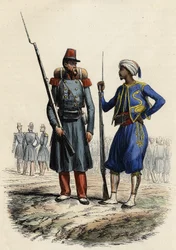 Französische Militäruniform: Links eine Fremdenlegion, die 1831 aufgestellt und nach Algerien entsandt wurde. Rechts einheimische Reiter, die ausgebildet und 1841 nach Algerien entsandt wurden. In „L