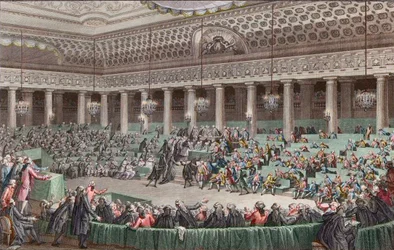 Französische Revolution - Die Nationalversammlung verzichtet auf alle Privilegien, 4. August 1789, graviert von Helman - Nationalversammlung Verzicht auf alle Privilegien, in Versailles, Sitzung der Nacht vom 4. auf den 5. August 1789