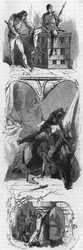 Von oben nach unten: Der Herzog von Alençon in einem Eisenkäfig (1481), der Graf von Armagnac wird vor den Augen seiner Frau geschlagen (1473) und die Folter des Herzogs von Nemours (1477). Gravur des 19. Jahrhunderts